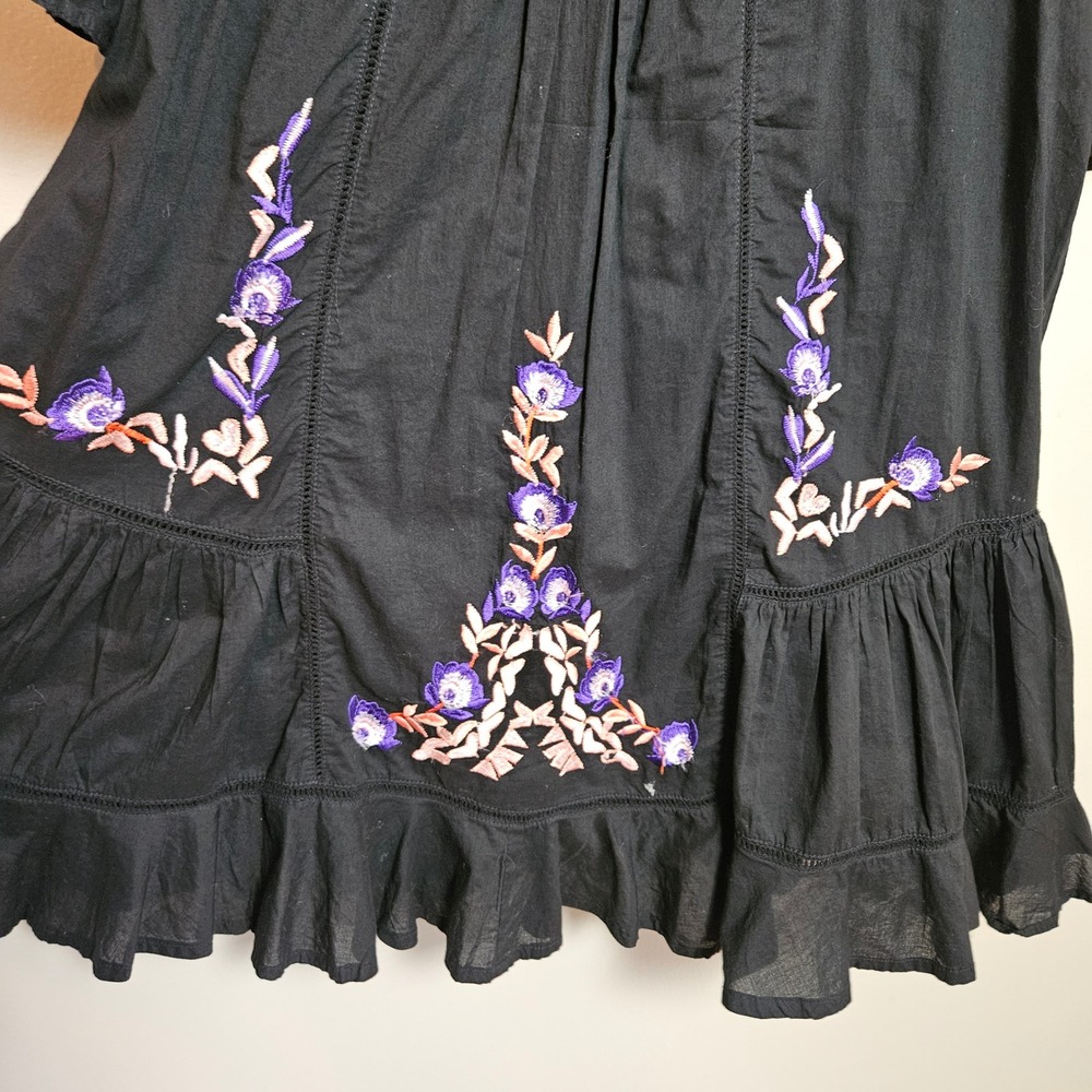 Free People Pavlo Embroidered Babydoll Mini Dress Tunic Sz S Black Ruffle - Picture 6 of 13